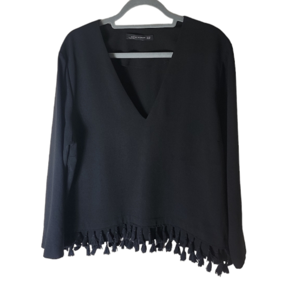 Zara black v neck tassel hem blouse women's XXL cotton blend boho pull ove4